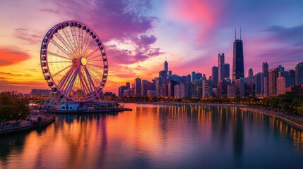 Obraz premium Ferris wheel overlooking a scenic, vibrant city skyline at sunset. No people.