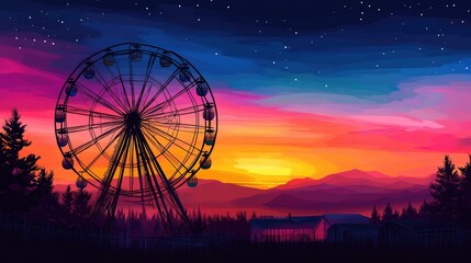 Ferris wheel silhouetted against a colorful sunset, with scenic landscape in the background. No people.