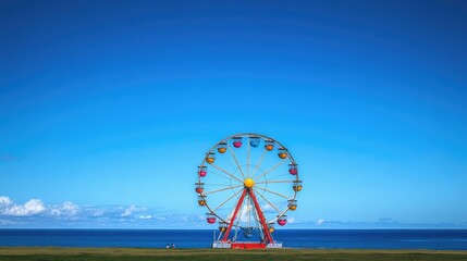 Fototapeta premium Ferris wheel spinning under a clear blue sky, with the ocean stretching out in the distance. No people.