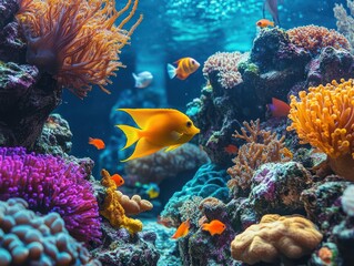 Naklejka premium Bright yellow fish swimming near vibrant purple coral in a colorful reef