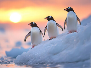 Fototapeta premium Gentoo penguins walking on an ice shelf at sunset in Antarctica