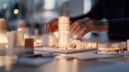 Creating scale model of skyscraper, architect carefully adjusts design amidst detailed urban landscape. scene captures essence of architectural creativity and planning