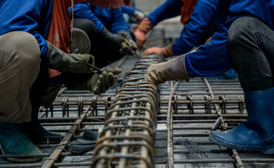 A group of builders is busy constructing a metal structure