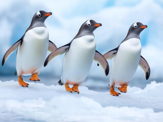 Fototapeta premium Gentoo penguins walking on ice shelf in a pristine Arctic landscape