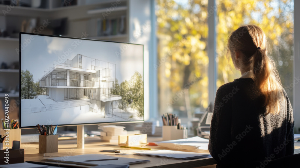 Aufkleber professional examining digital building model on computer screen in bright office environment. scene