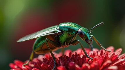 Fototapeta premium A close-up of a green beetle with iridescent wings perched on a red flower.