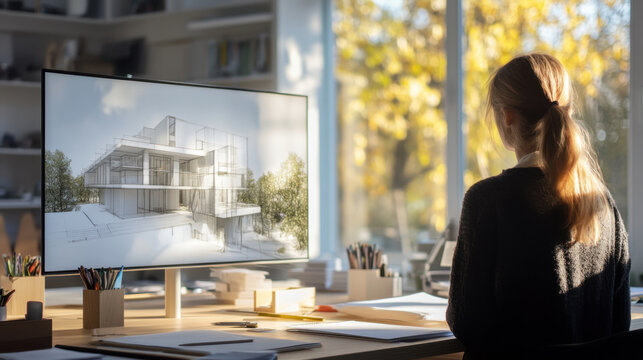 professional examining digital building model on computer screen in bright office environment. scene captures moment of focus and creativity in architectural design