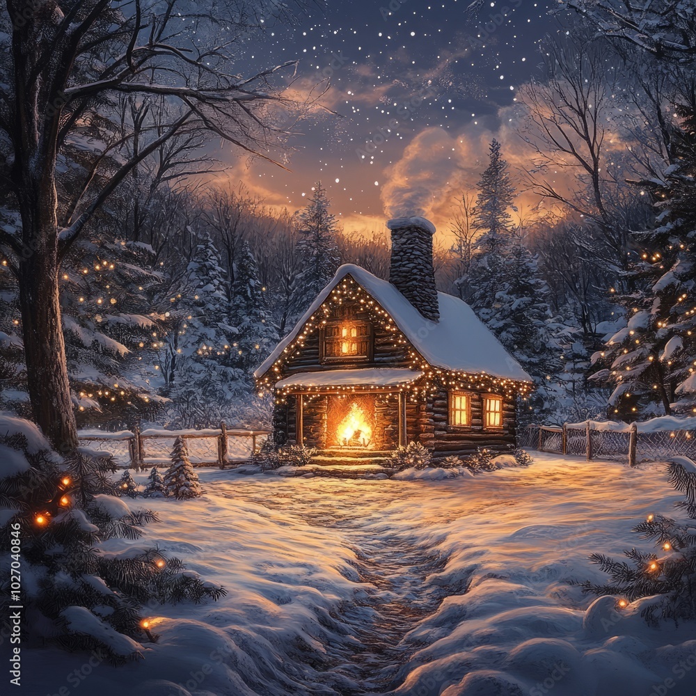 Wall mural A cozy cabin nestled in a snowy forest with a warm fire glowing in the window, surrounded by twinkling lights.