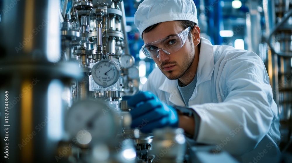 Poster A man in a lab coat is working on a machine with a gauge on it