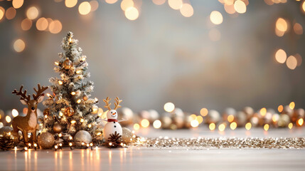 festive scene featuring decorated Christmas tree, cheerful snowman, and reindeer surrounded by sparkling lights and ornaments, creating warm holiday atmosphere
