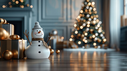 cheerful snowman stands proudly beside beautifully wrapped gifts, creating festive atmosphere in cozy room adorned with sparkling Christmas tree
