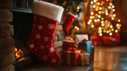 A cozy Christmas stocking filled with gifts hanging by the fireplace clean background--C100
