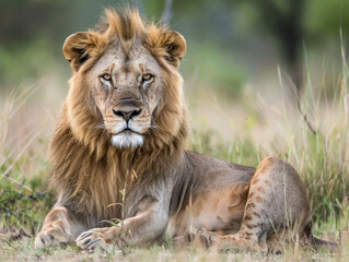 Obraz premium Majestic male lion with a powerful gaze in close-up
