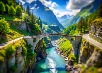 Fototapeta premium Stunning Tilt-Shift View of Devil's Bridge in Switzerland - Scenic Landscape Photography