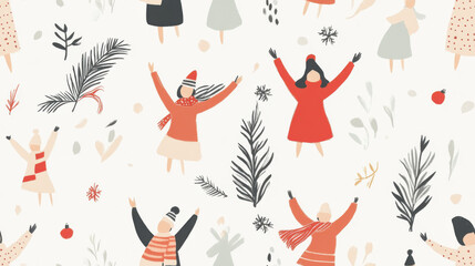 Festive watercolor illustration of joyful Christmas carolers in minimalistic silhouettes, celebrating holiday season with cheerful expressions and winter elements
