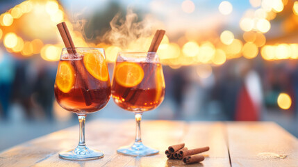 Warm gluhwein served at a festive Christmas market with cinnamon and orange
