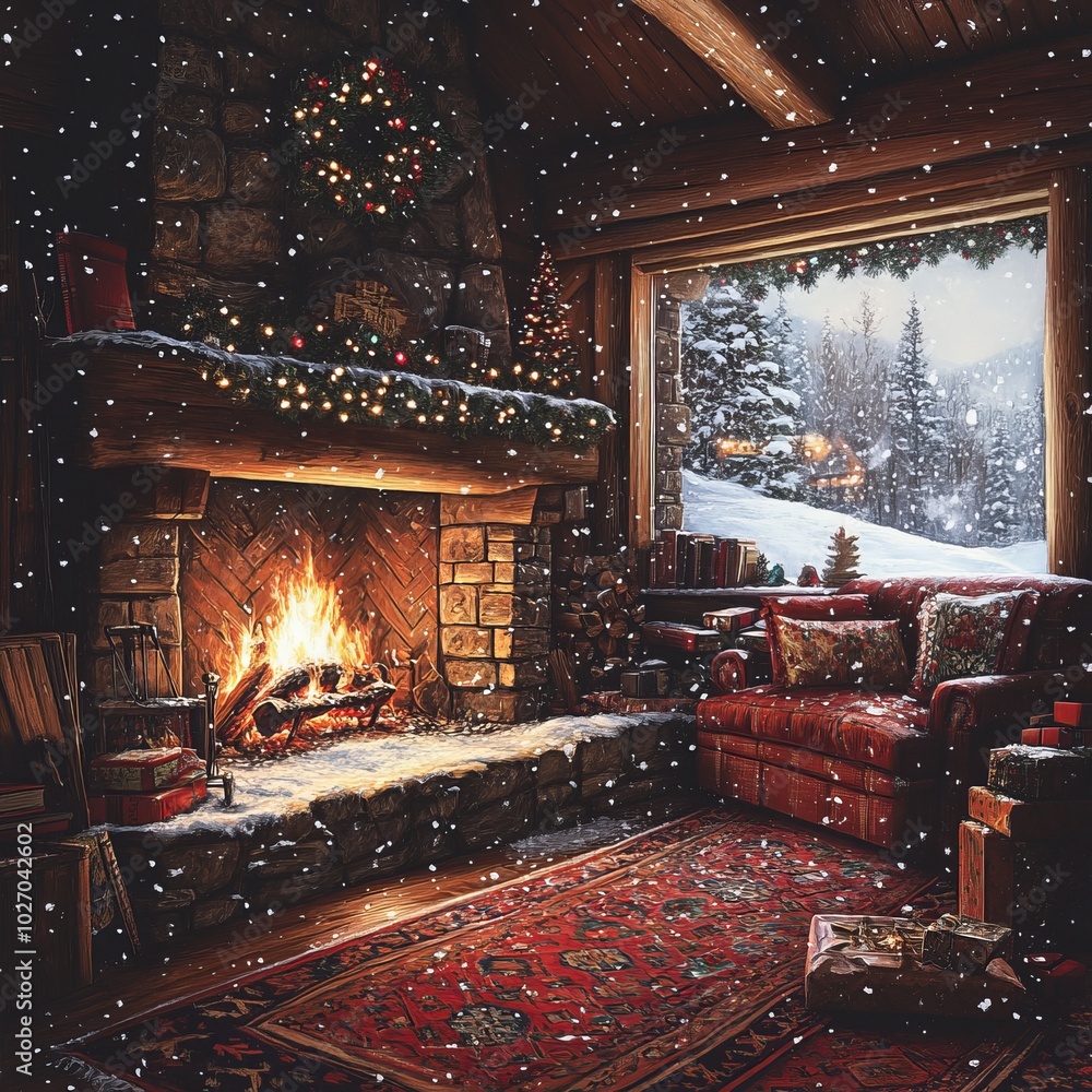 Wall mural A cozy living room with a fireplace, Christmas decorations, and a view of a snowy landscape outside the window.