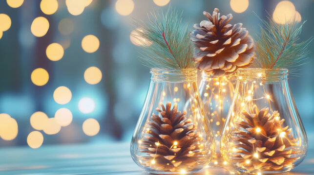Chic glass vases with pine cones and fairy lights for holiday decor - Powered by Adobe