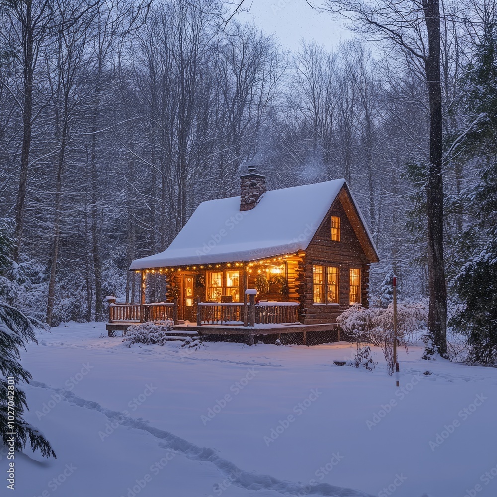 Wall mural A cozy log cabin nestled in a snowy forest with a warm glow emanating from inside.