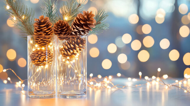 Elegant glass vases with pine cones and fairy lights for festive decor