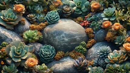 Succulent Plants Arranged Around Smooth Stones