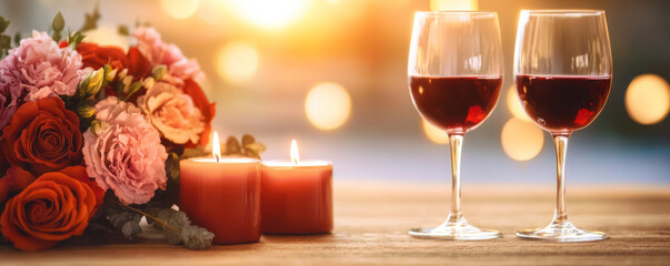 Elegant romantic dinner setting with wine and flowers at sunset terrace