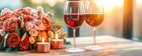 Romantic dinner setting with wine and flowers on a sunset terrace