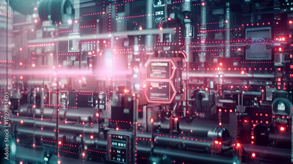 Poster a digital network infrastructure with red flashing lights, indicating a cyberattack in progress, dep
