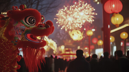 Fototapeta premium Celebrating Chinese New Year in Beijing, vibrant dragon dance captivates crowd amidst dazzling fireworks and colorful lanterns, creating festive atmosphere
