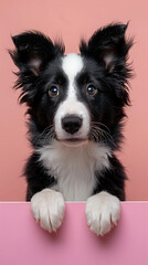 Fototapeta premium Border Collie puppy dog peeking out from the edge of a blank billboard with his paws on the bottom edge and his head facing forward on a cute and adorable pastel background