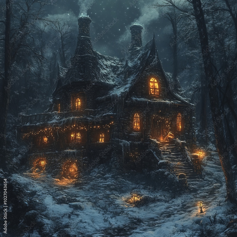 Sticker A cozy stone cottage with warm lights, nestled in a snowy forest at night.