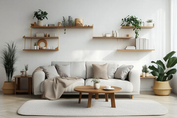 Scandinavian-style living room with a soft gray sofa, wooden furniture, and lush greenery, ideal for modern home design and decor inspiration, minimalism, cozy elegance, sustainable interiors concepts
