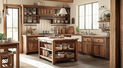 Fototapeta premium Cozy Rustic Kitchen with Wooden Furniture and Natural Light