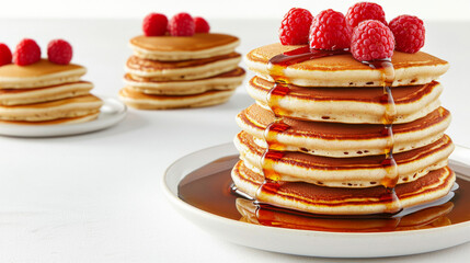 Pancake stacks with maple syrup and raspberries on white