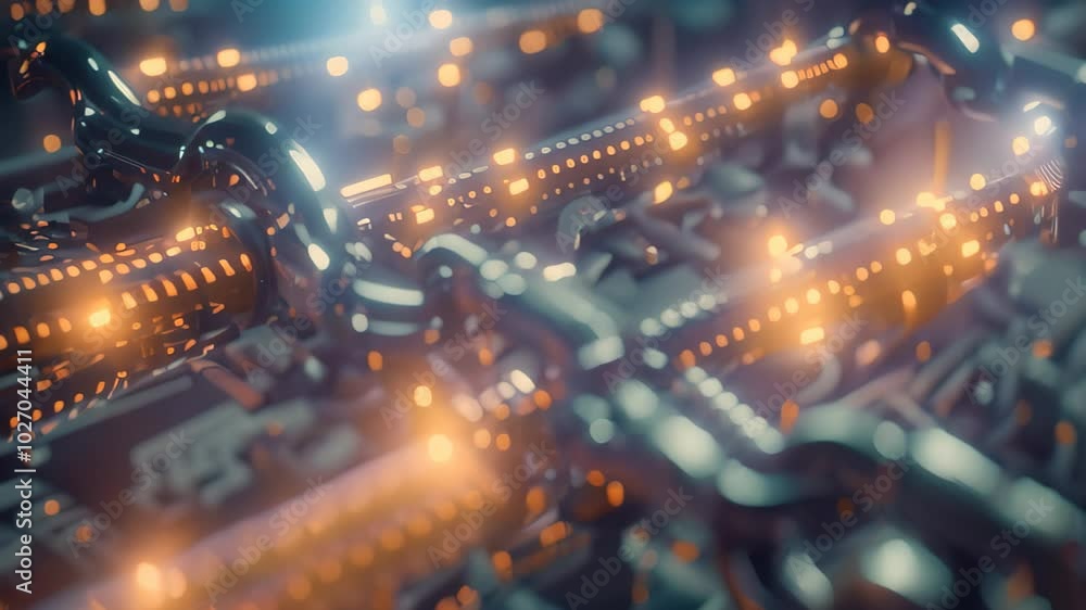 Poster close-up video of stylized blockchain network showing cryptocurrency mining and transaction validati