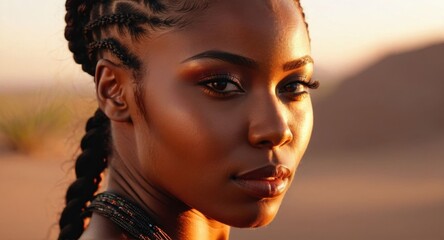 Close-up portrait of a stunning African woman, braided hair, glowing skin, sunset in the desert, cinematic lighting