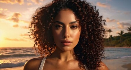 Hyperrealistic portrait of a Latina woman, olive skin, dark curly hair, tropical beach at sunset