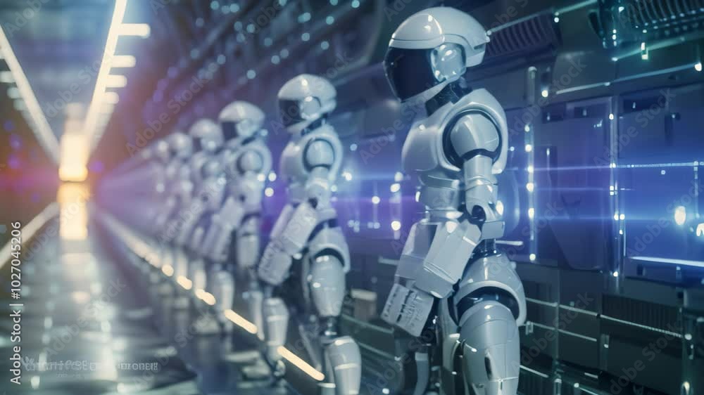Poster a line of futuristic ai robots stand in a data center, illustrating the evolution of ai technology, 
