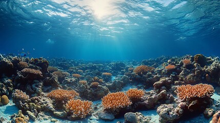 Naklejka premium A vibrant coral reef teeming with life, bathed in sunlight, showcasing the beauty and fragility of underwater ecosystems.