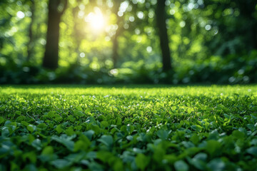 Naklejka premium Lush green grass illuminated by sunlight filters through a forest in spring
