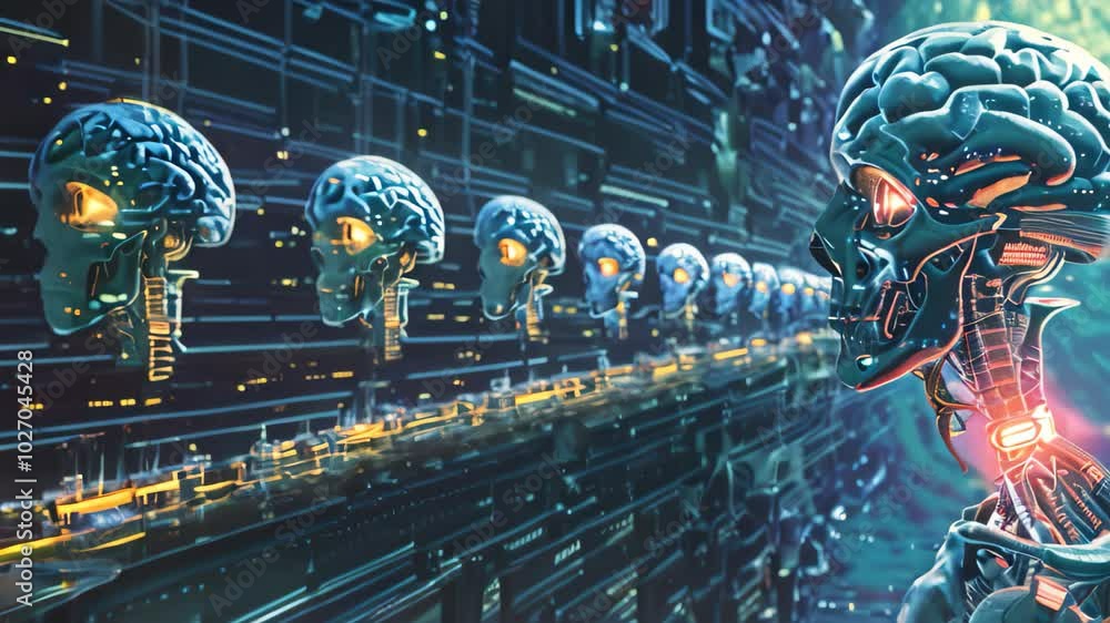 Poster a digital representation of ai evolution, showcasing a line of brains connected by a network of circ