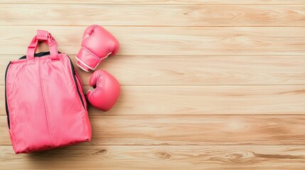A flat lay of boxing gear arranged on a wooden floor, featuring pink boxing gloves, wraps, and a stylish gym bag.