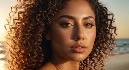 Hyperrealistic portrait of a Latina woman, olive skin, curly hair, beach at sunset