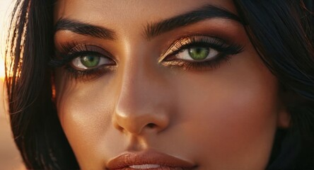 Close-up portrait of a stunning Middle Eastern woman, green eyes, flowing black hair