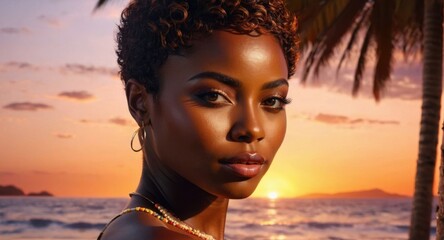 Hyperrealistic portrait of an African woman with short hair, dark skin, glowing sunset