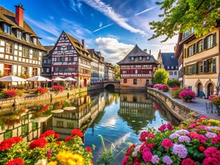 Naklejka premium Summer Day in Strasbourg: Medieval Architecture and Outdoor Cafes