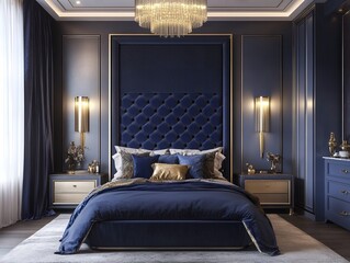 ネイビーブルーとゴールドが輝く豪華なベッドルーム | Luxurious Bedroom with Navy Blue and Gold Accents