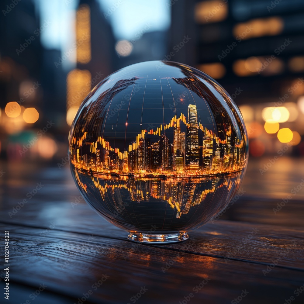 Wall mural A crystal ball reflects a cityscape with a graph overlay, symbolizing the connection between urban development and economic trends.