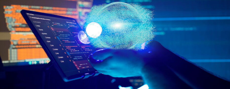 Monitor closeup of function source code. Abstract IT technology background.