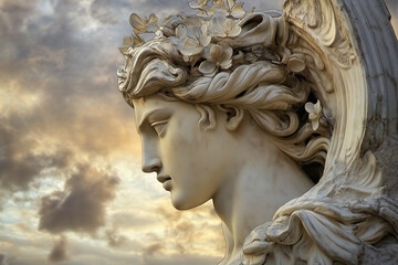 statue of ancient greek marble god, adorned with floral wreaths and wings, dramatic sky at dusk in background, angelic, zephyrus, photorealistic